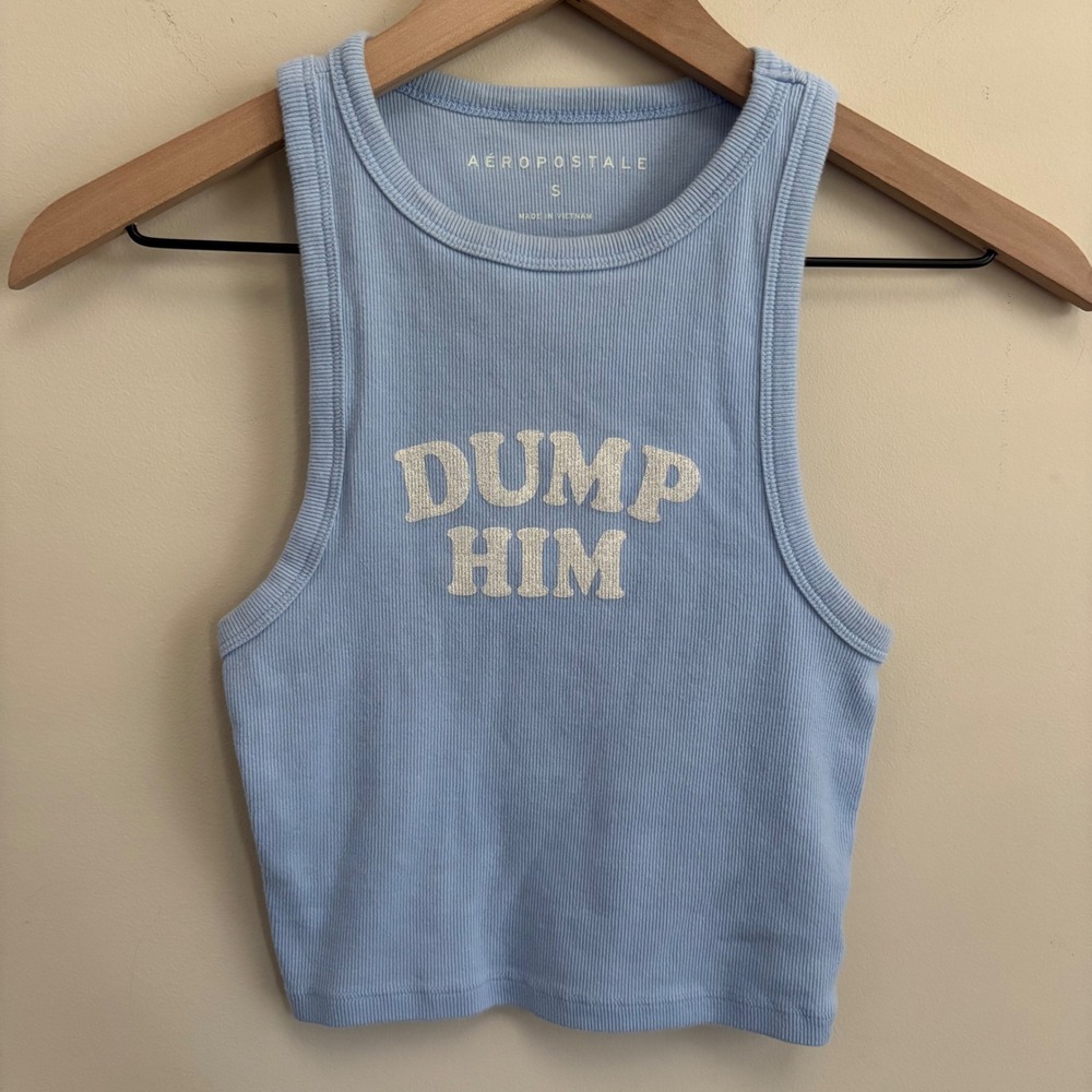 Aeropostale Blue Ribbed Dump Him Graphic Crop Tank Top Small